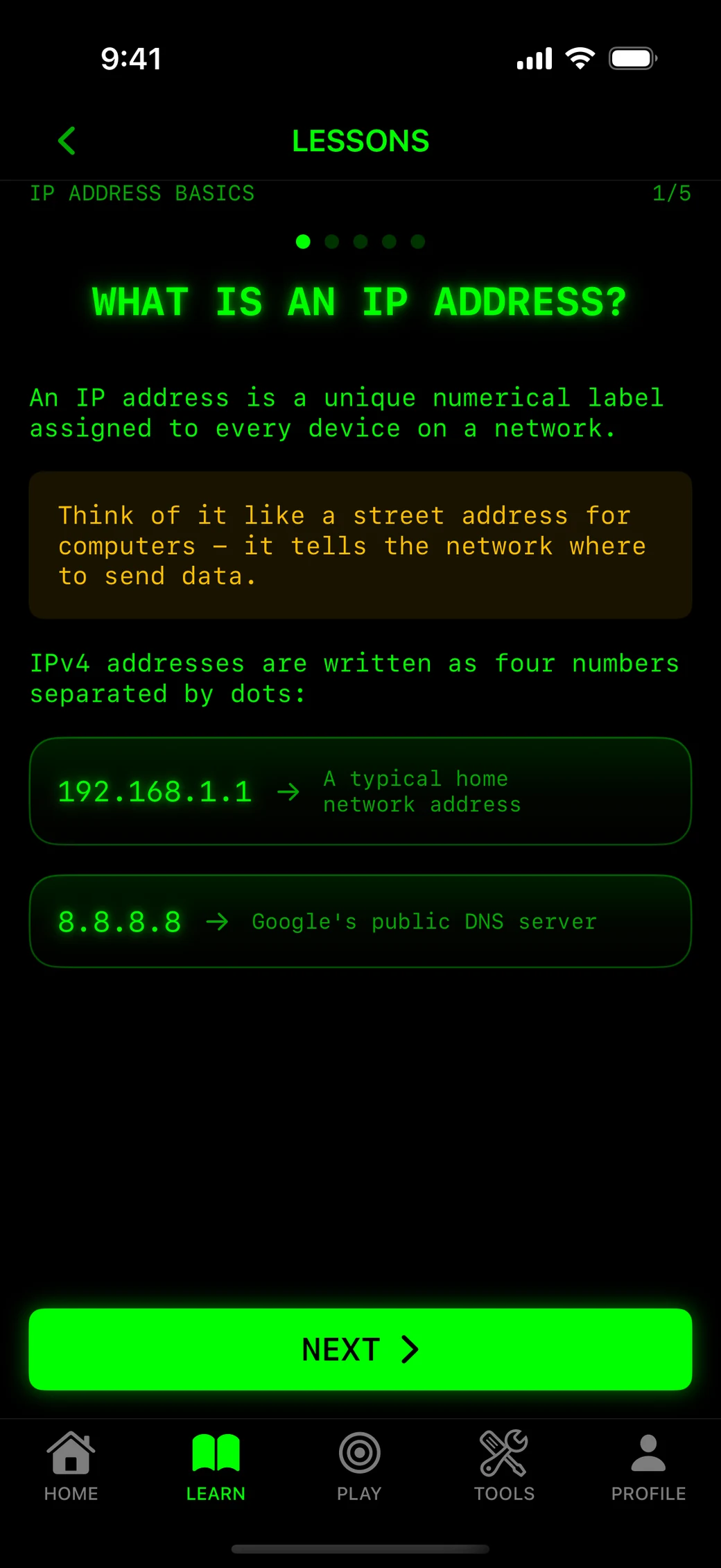 An Octet Operator lesson explaining what an IP address is, with worked examples.