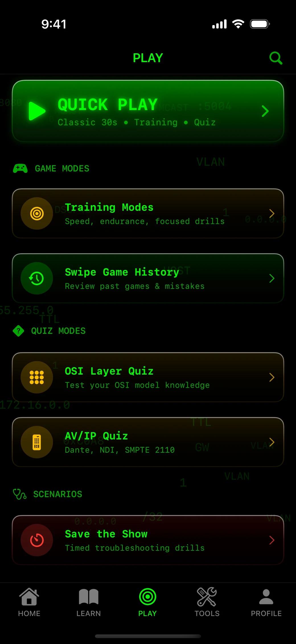 The Play screen: Quick Play, training modes, the OSI and AV/IP quizzes, and Save the Show.