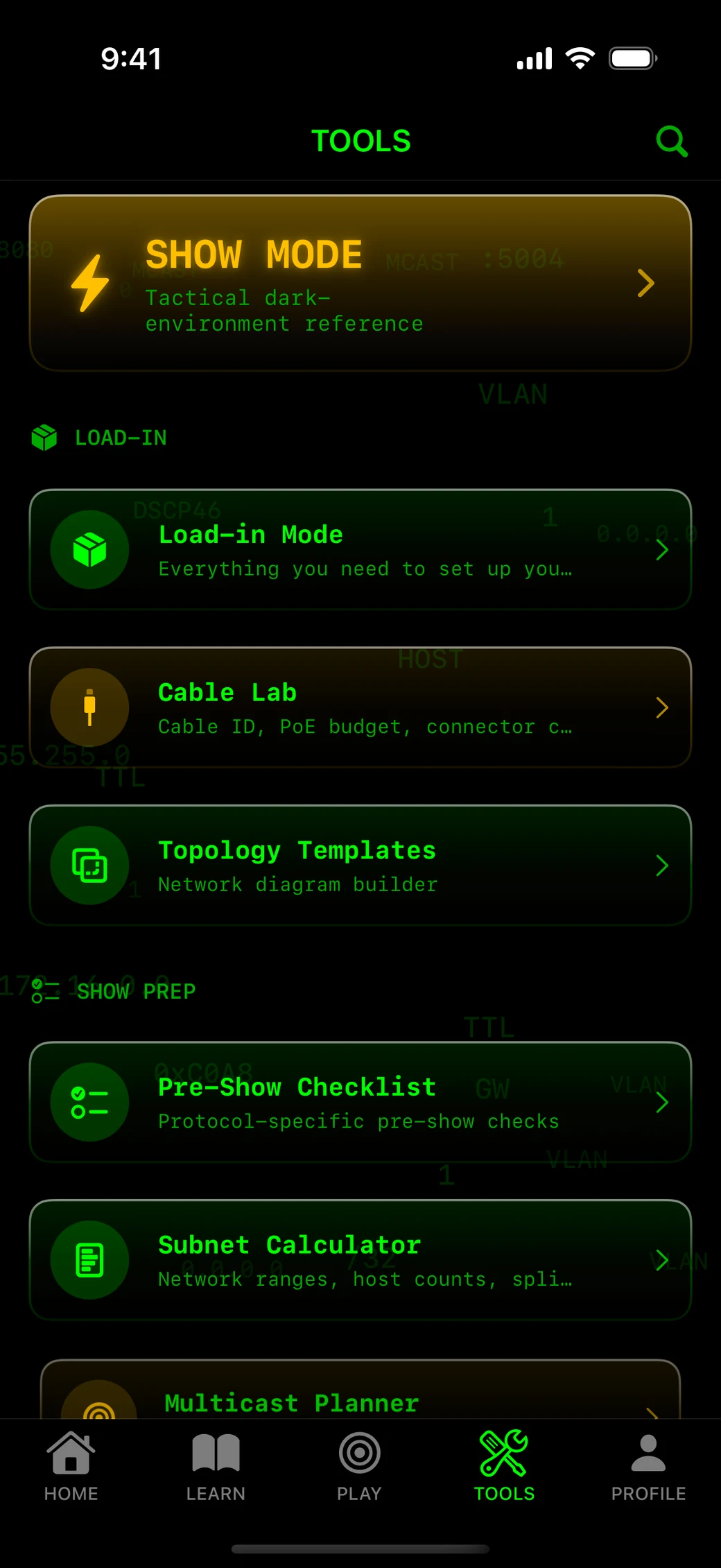 Octet Operator field tools: Show Mode, Load-in Mode, Cable Lab, Topology Templates, Pre-Show Checklist and the Subnet Calculator.